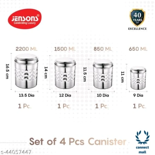 Essential Jars & Containers - L X H X W: 13.5 X 16.5 X 13.5cm, Mirror Polish S.Steel, Stainless Steel, 4 Pieces of pack 1